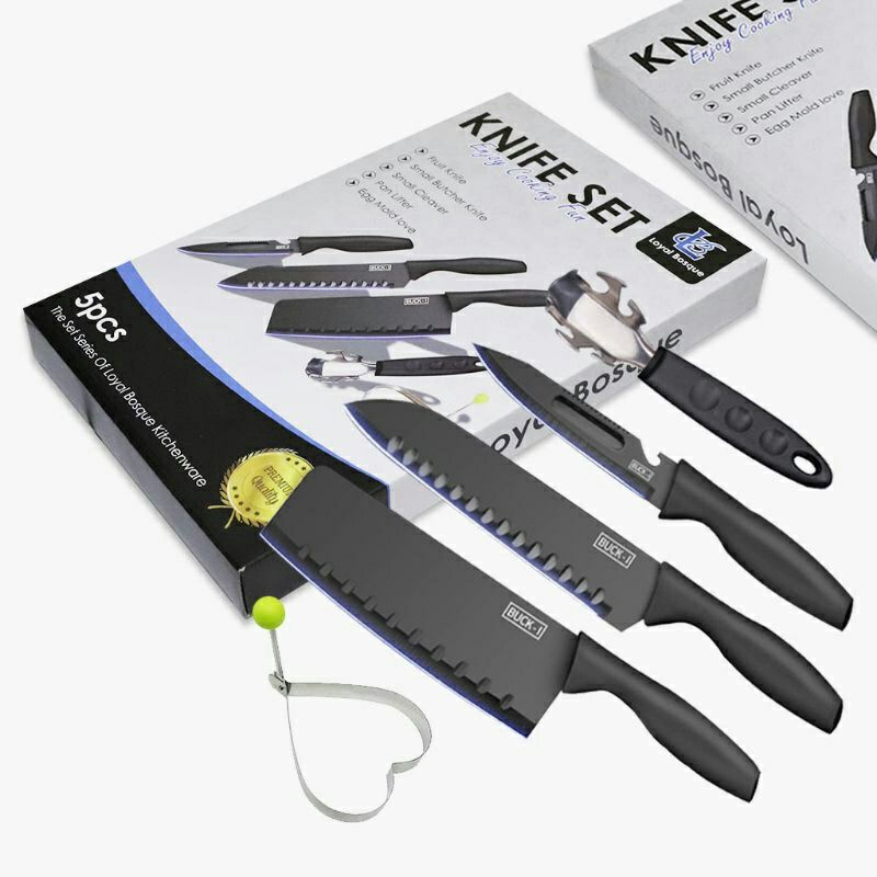 Pisau Set 3pcs + Peeler + Egg Mold (5pcs Knife Set Black Series) Pisau Set 3pcs + Peeler + Egg Mold (5pcs Knife Set Black Series)