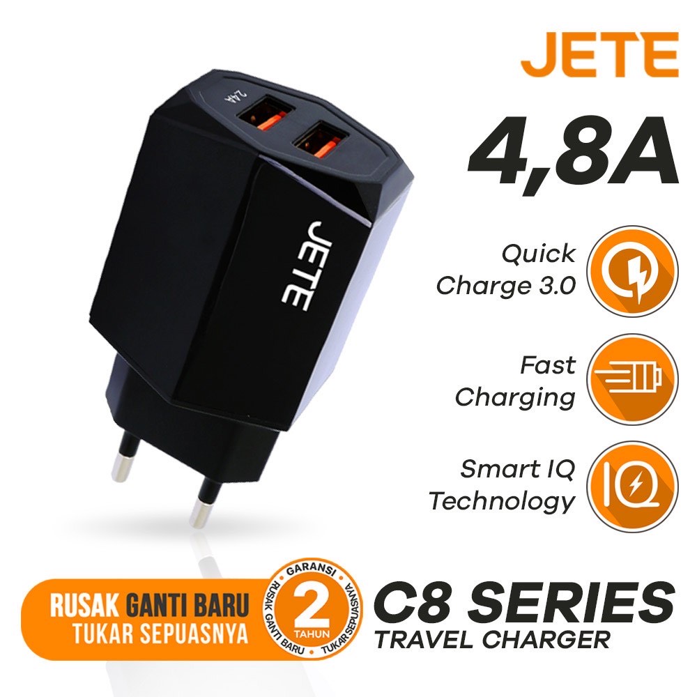 JETE Adaptor Batok C8 2USB 4.8A (Quick Charge 3.0) *