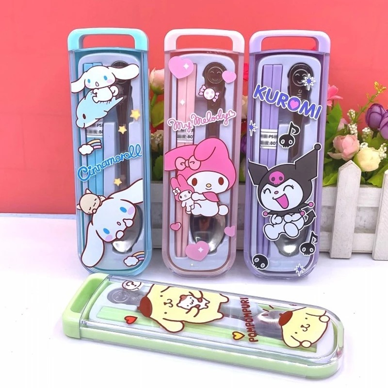 Alat Set Makan Sanrio 3in1 (Sendok + Garpu + Sumpit) - Alat Makan Stainless With Case
