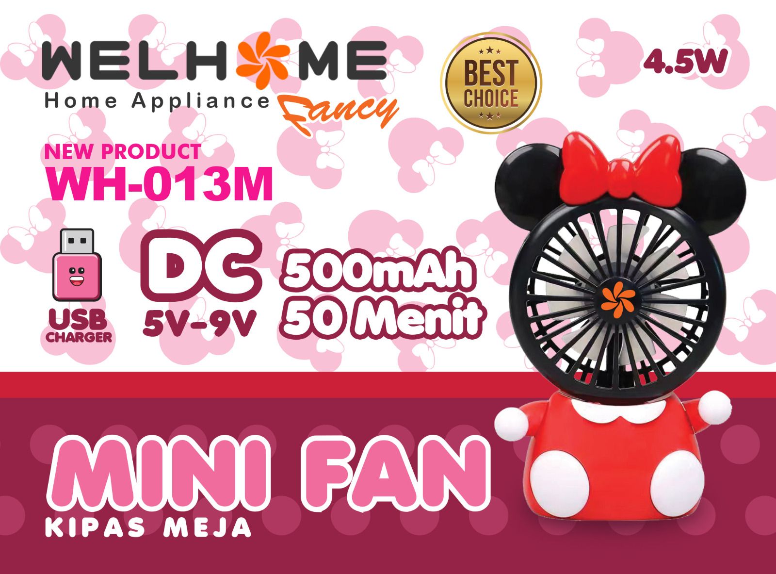 Welhome Mini Fan WH-013M Minnie Mouse - Kipas Angin Meja Motif Lucu Welhome Mini Fan WH-013M Minnie Mouse - Kipas Angin Meja Motif Lucu