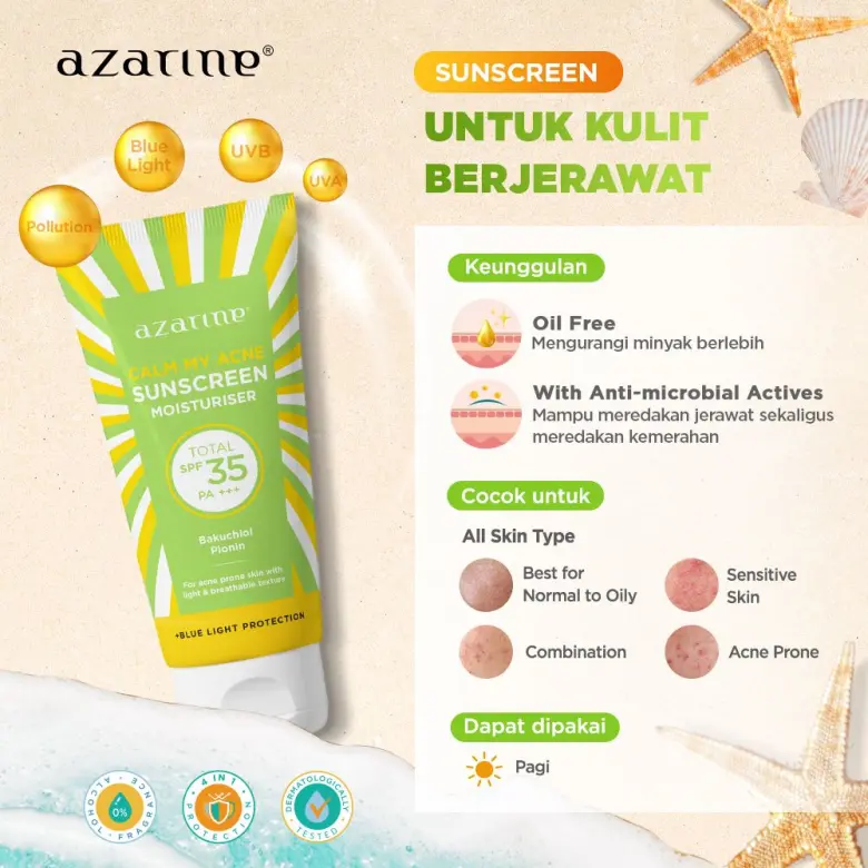 Azarine Sunscreen Moisturiser SPF35 PA+++ 40gr - Calm My Acne (Hijau)