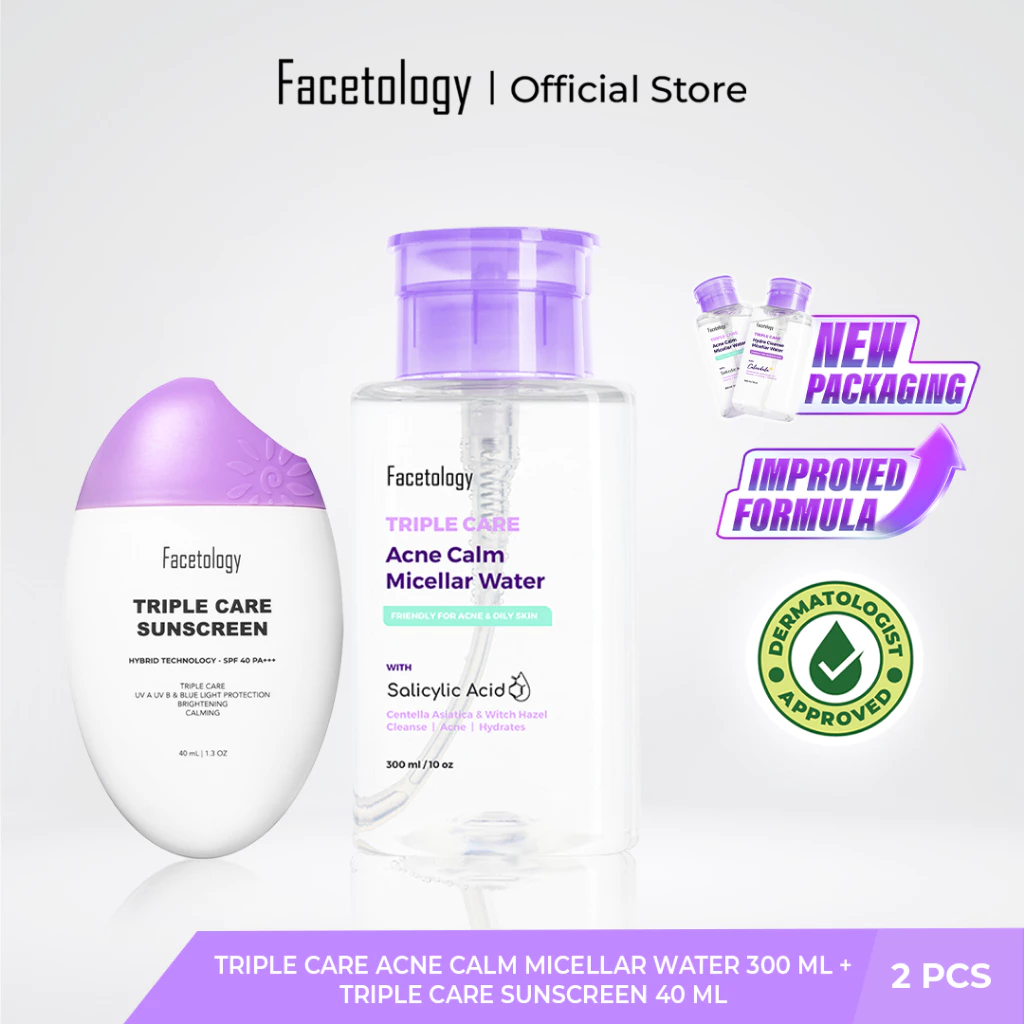 Facetology (Beli 2 Gratis 1) Sunscreen & Micellar Water Acne 300ml Free Triple Care Lip Sunscreen Unflavored