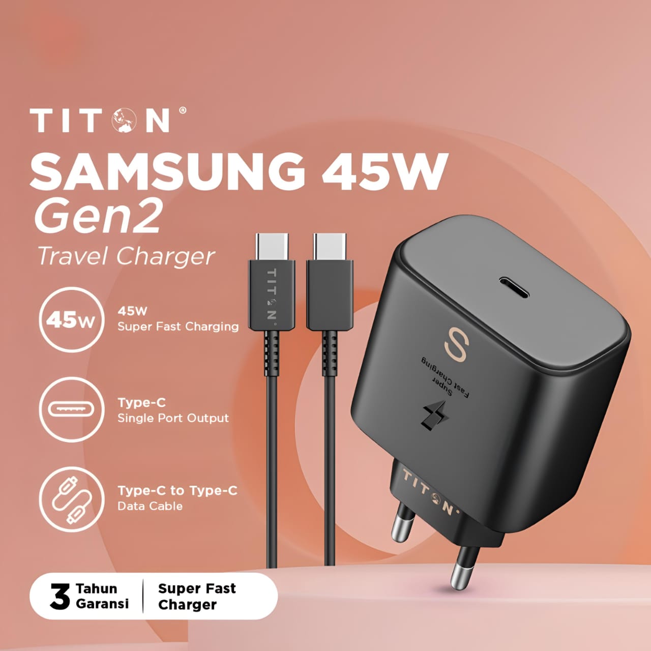 Titon Gen2 Travel Charger Samsung 45W + Kabel Type-C to Type-C