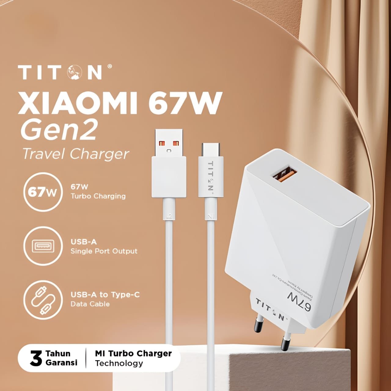 Titon Gen2 Travel Charger Xiaomi 67W + Kabel USB to Type-C