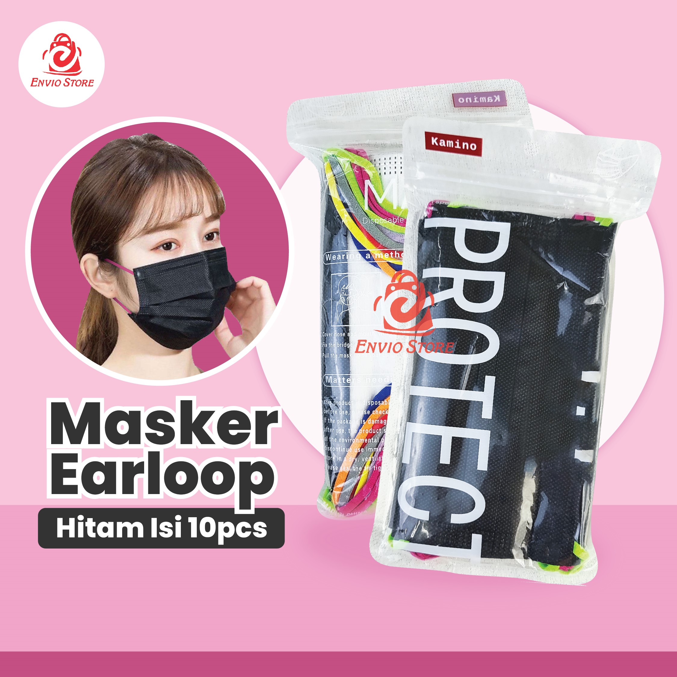 (Isi 10) Masker Earloop Hitam Pouch - Disposable Mask