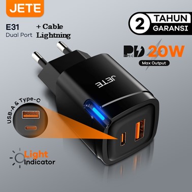 JETE Charger E31 Adaptor USB-C & USB-A + Kabel Type C to Lightning (20W)