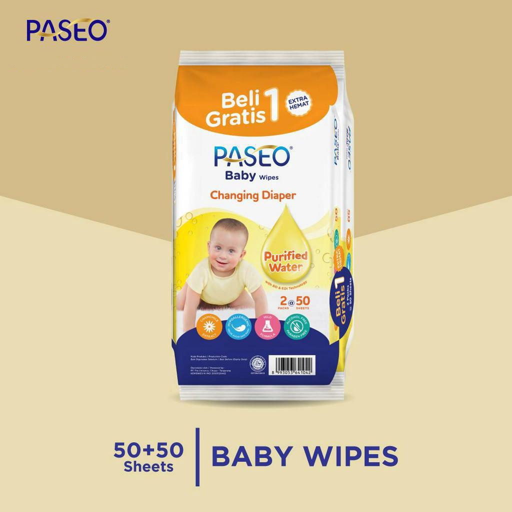 (Beli1 Gratis1) Tissue Basah Paseo Baby Wipes Changing Diaper 50s - Kuning