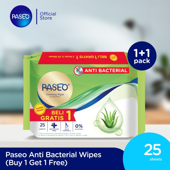 (Beli 1 Gratis 1) Tissue Paseo Cleansing Wipes Anti Bacterial 25s - Tisu Basah Paseo